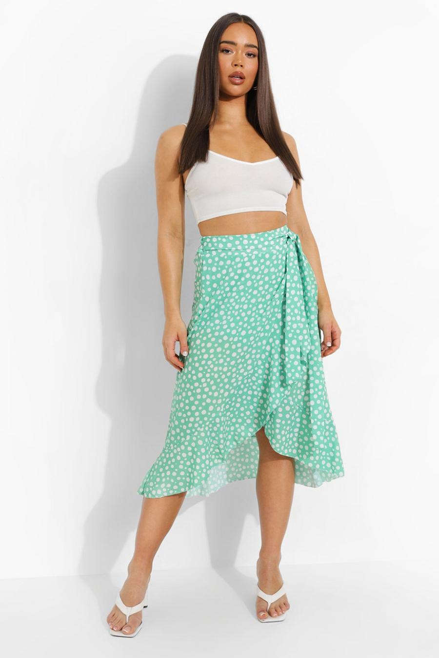 Green Spot Print Wrap Ruffle Midi Skirt image number 1
