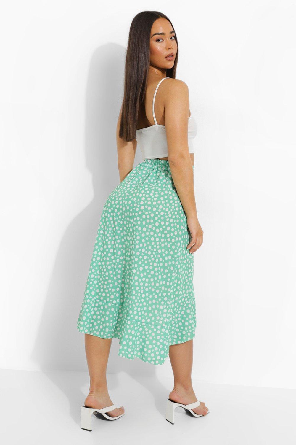 Boohoo exclusive satin wrap shop midi skirt in spot print