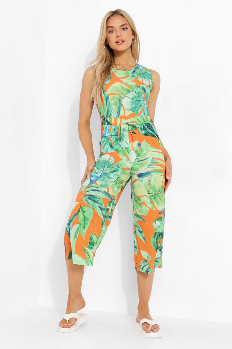 Combinaison jupe-culotte avec cordon de serrage à la taille imprimé palmier, Orange image number 1