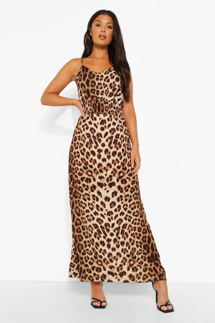 Brown Leopard Print Shirred Maxi Dress image number 1