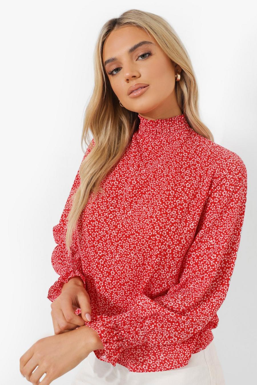 Red Spot Print High Neck Sheered Blouse image number 1