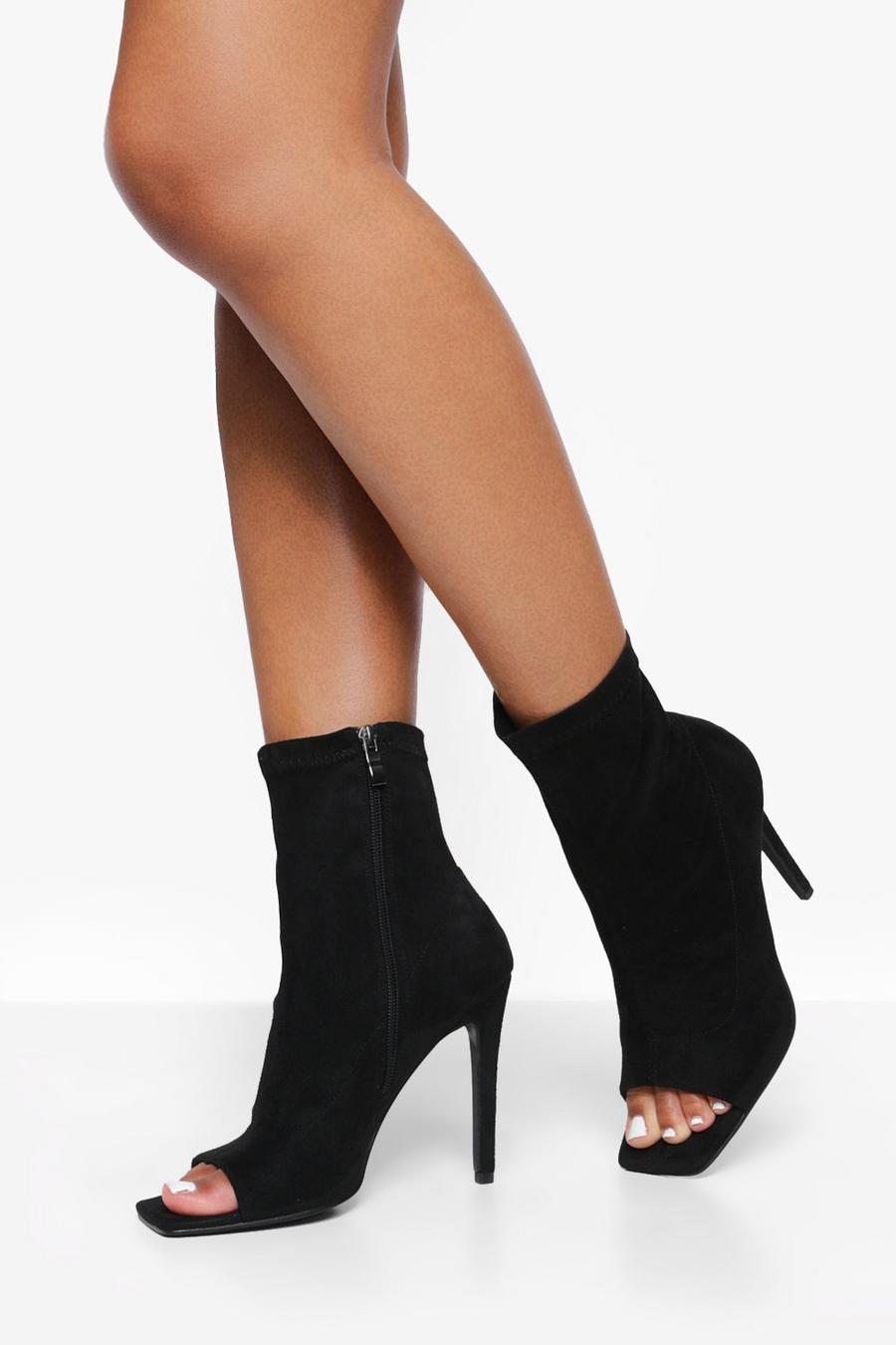 Black schwarz Wide Fit Peep Toe Sock Boots