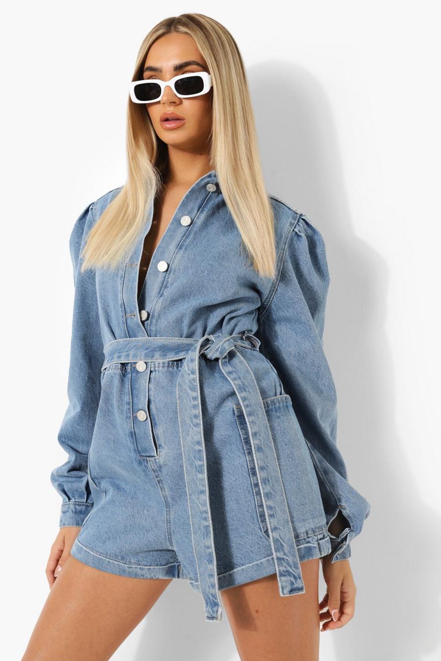 Mid blue Balloon Sleeve Button Down Boiler Romper image number 1