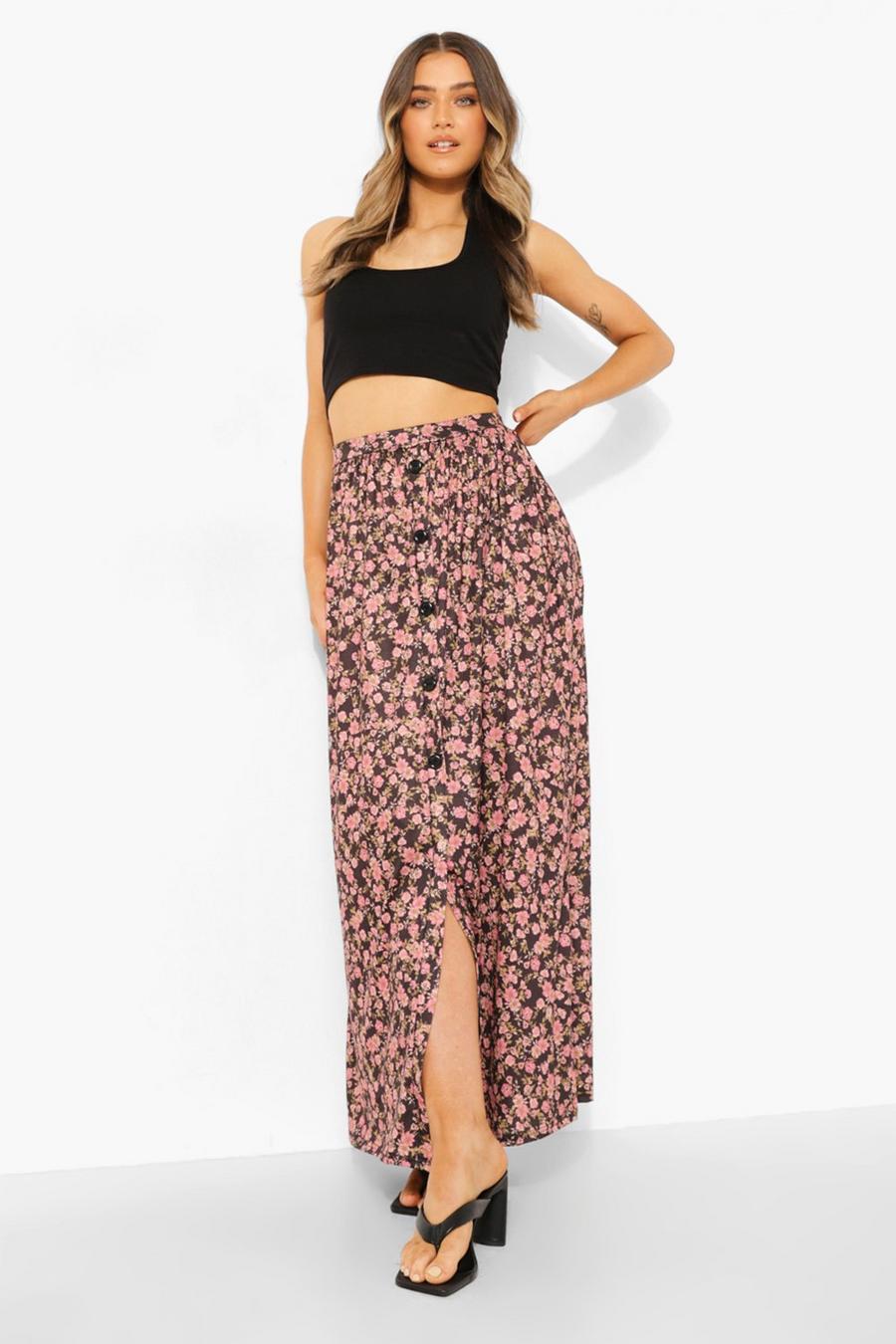 Black Button Front Ditsy Floral Maxi Skirt image number 1