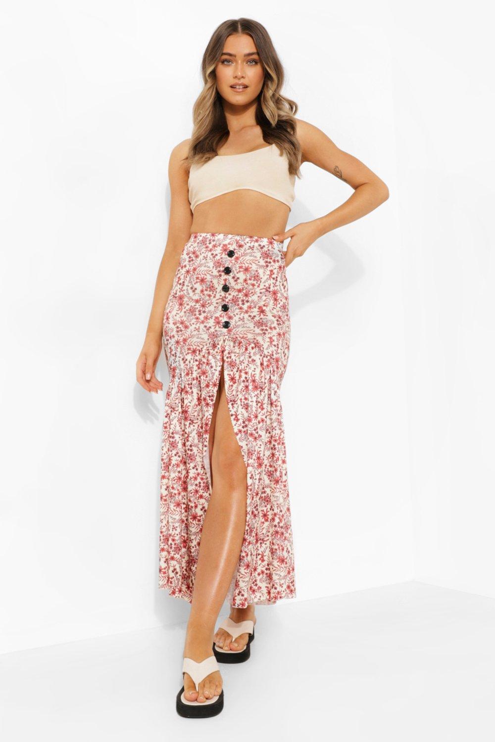 Button Disty Floral Drop Hem Maxi Skirt