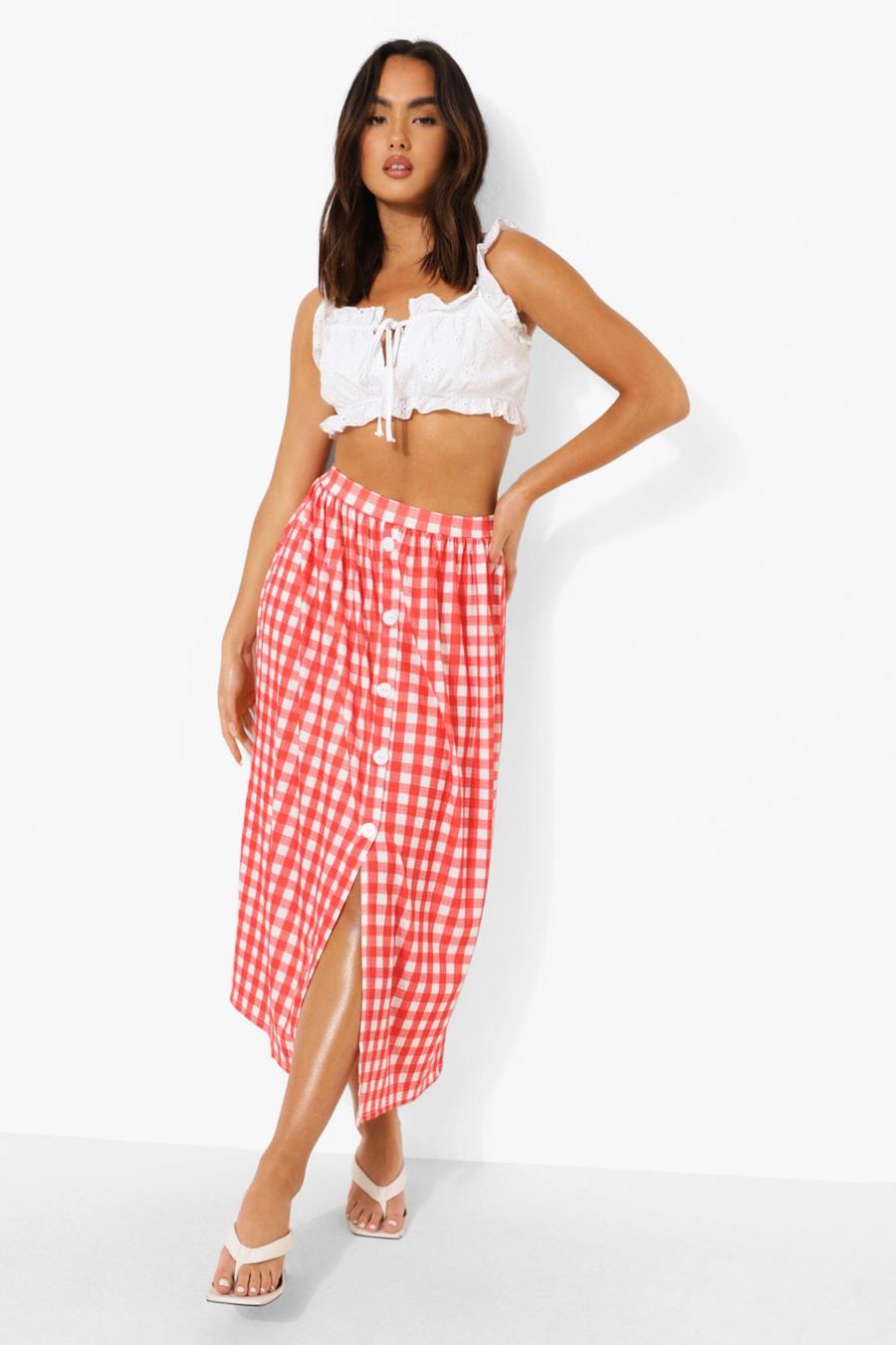 Pink Button Front Gingham Midaxi Skirt image number 1