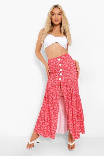 Button Disty Floral Drop Hem Maxi Skirt red