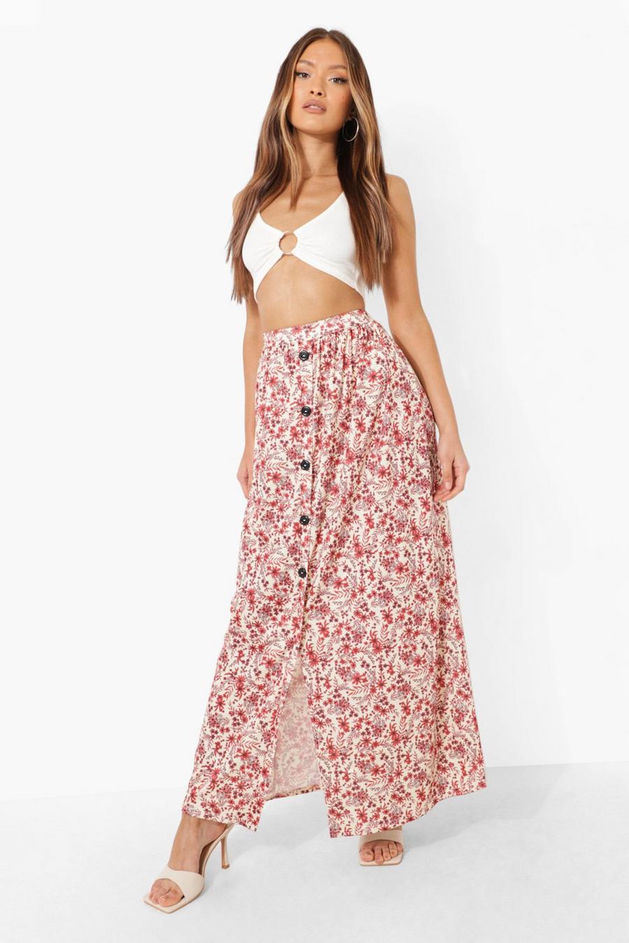 Sand Button Front Ditsy Floral Maxi Skirt image number 1