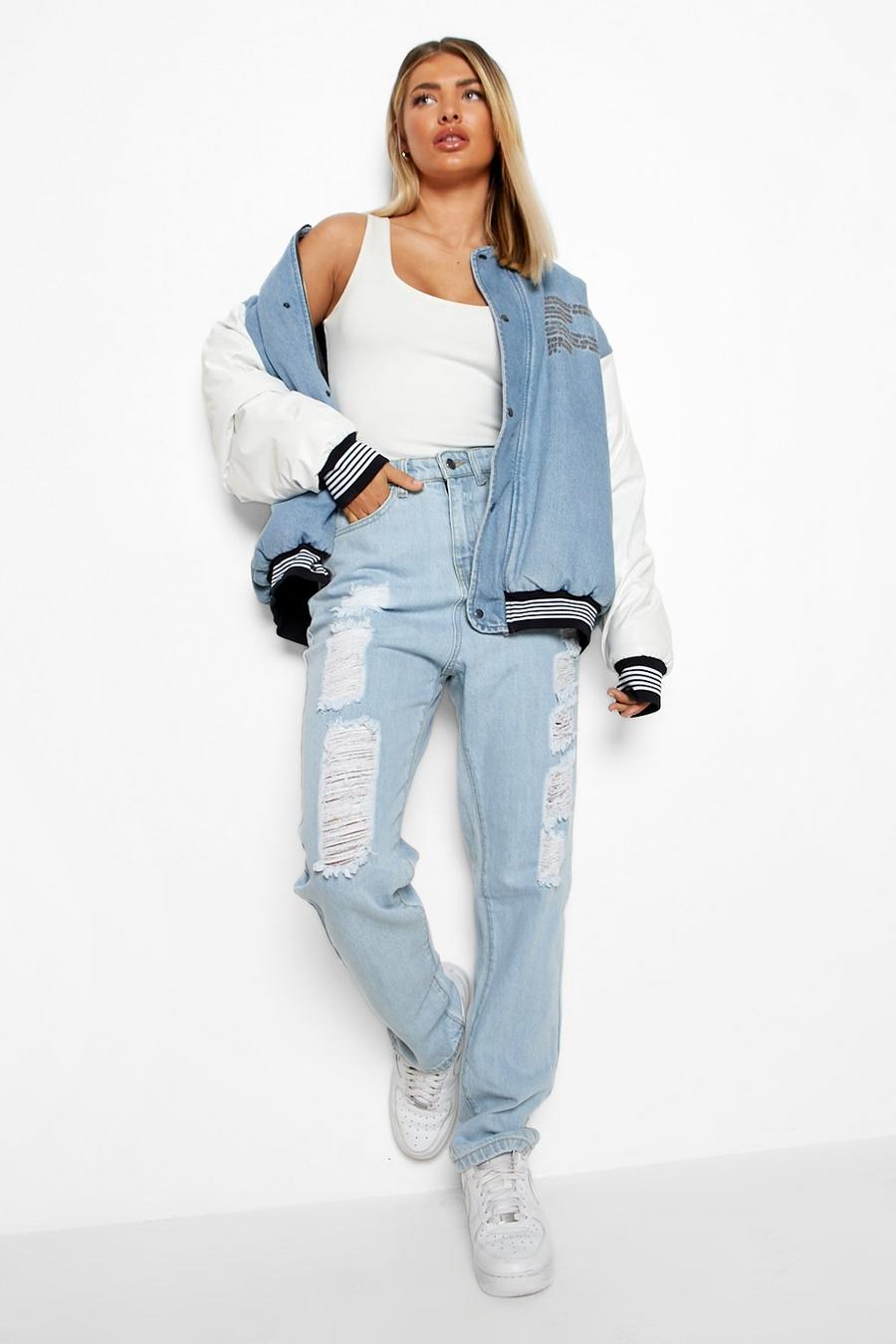 Light blue High Waisted Extreme Ripped Mom Jeans image number 1