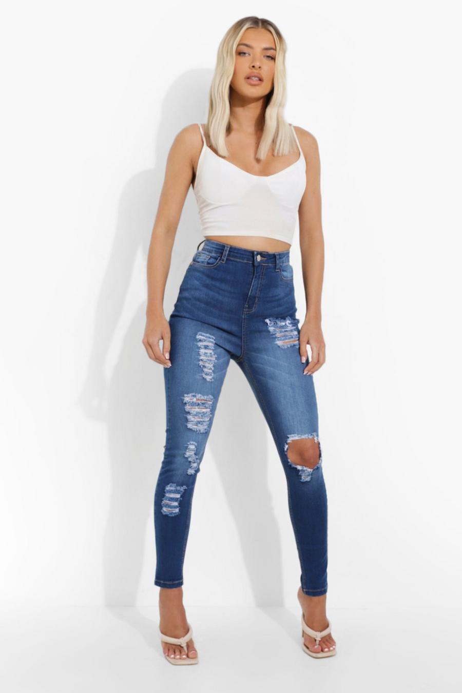 כחול ביניים סקיני ג'ינס high rise עם קרעים image number 1