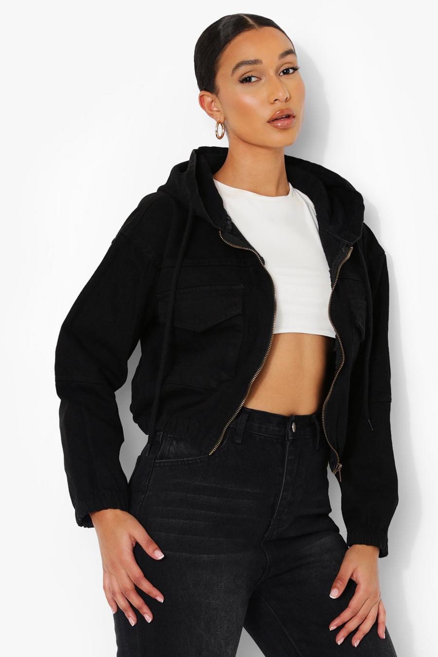 Black schwarz Zip Through Hooded Denim Jacket