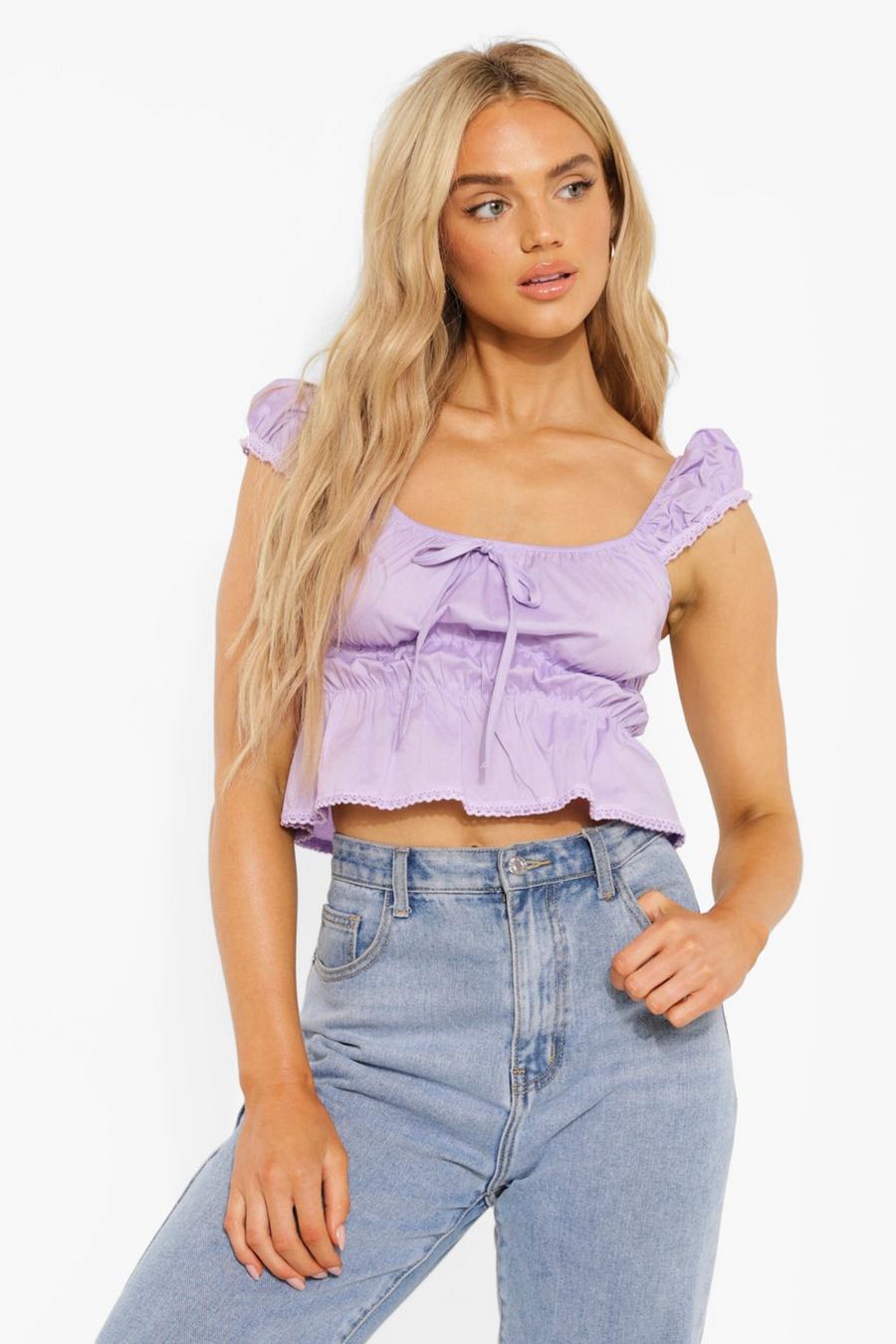 Lilac Shirred Lace Trim Cap Sleeve Top image number 1
