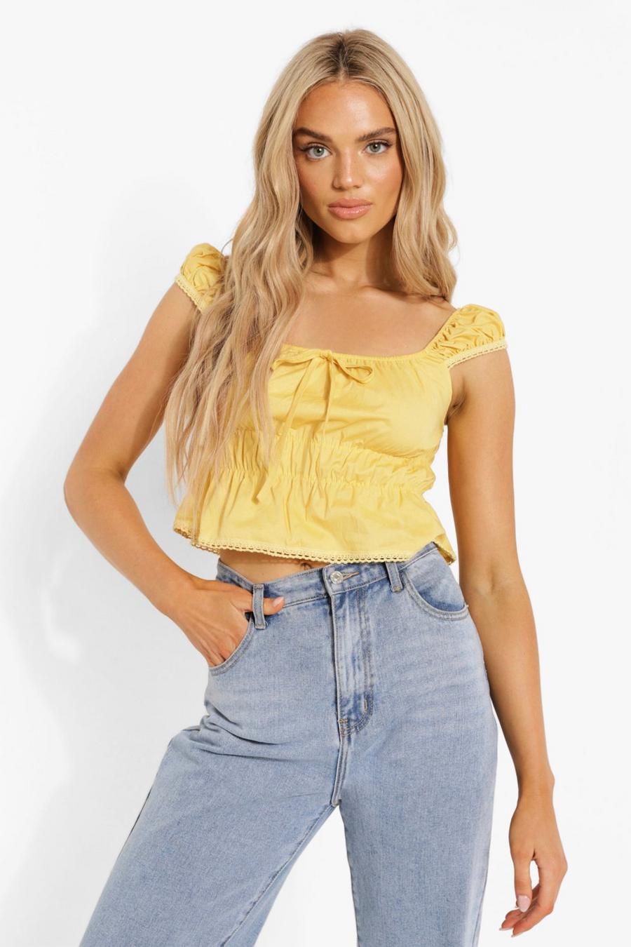 Yellow Shirred Lace Trim Cap Sleeve Top image number 1