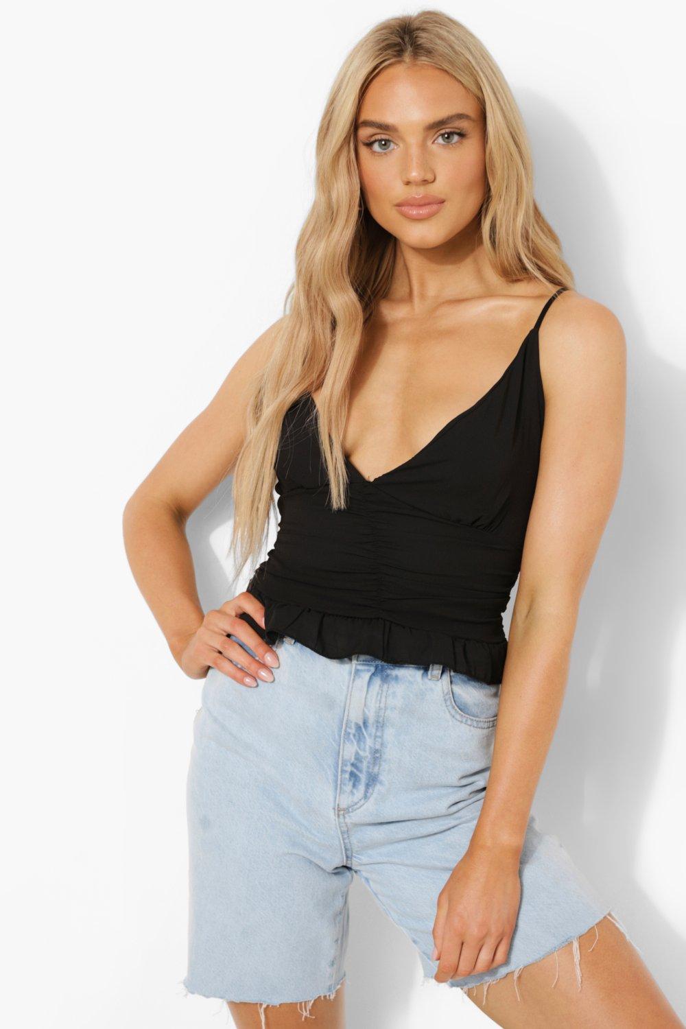 Black Chiffon Ruched Ruffle Cami Top