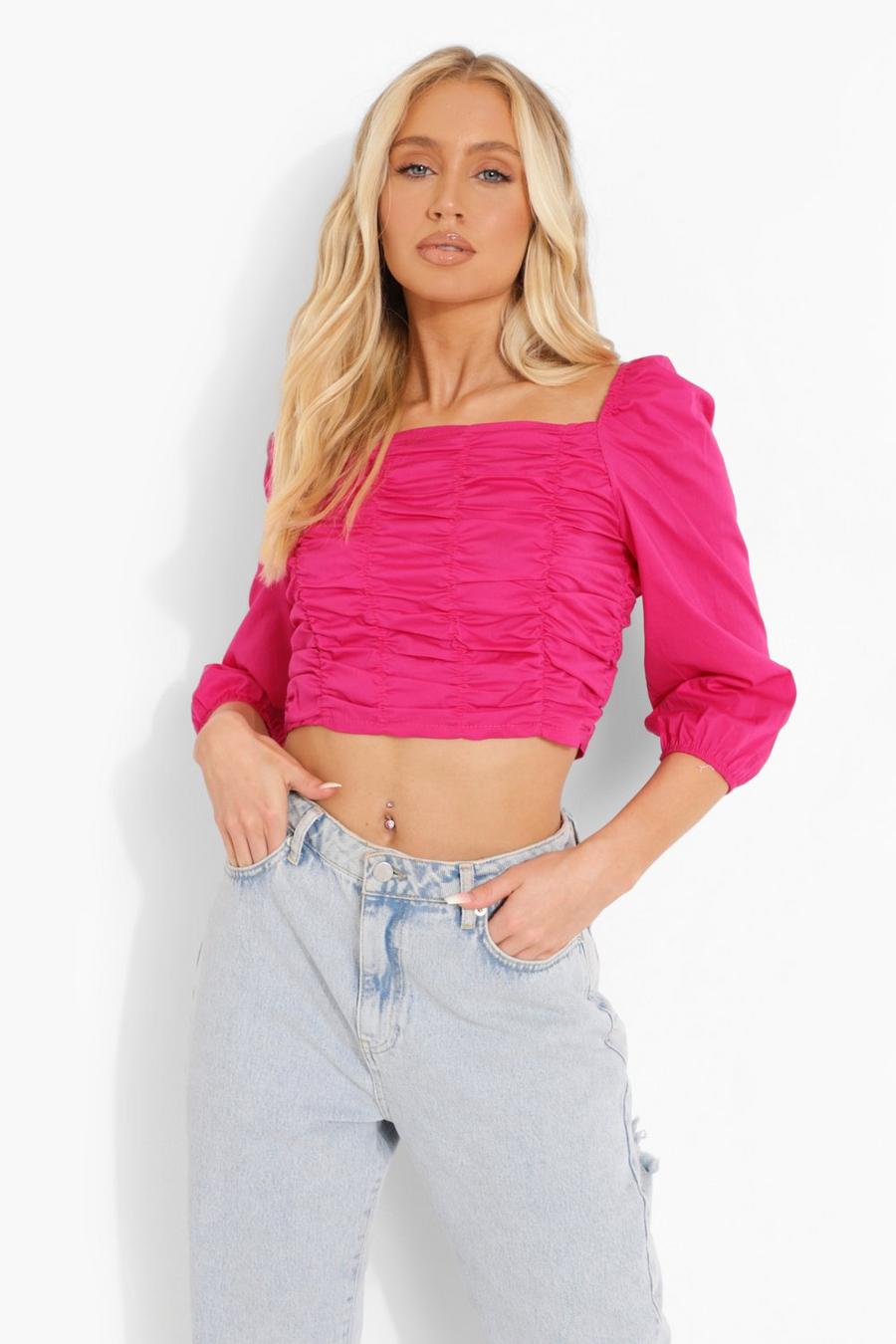 Hot pink Cotton Ruched Front Square Neck Crop Top image number 1