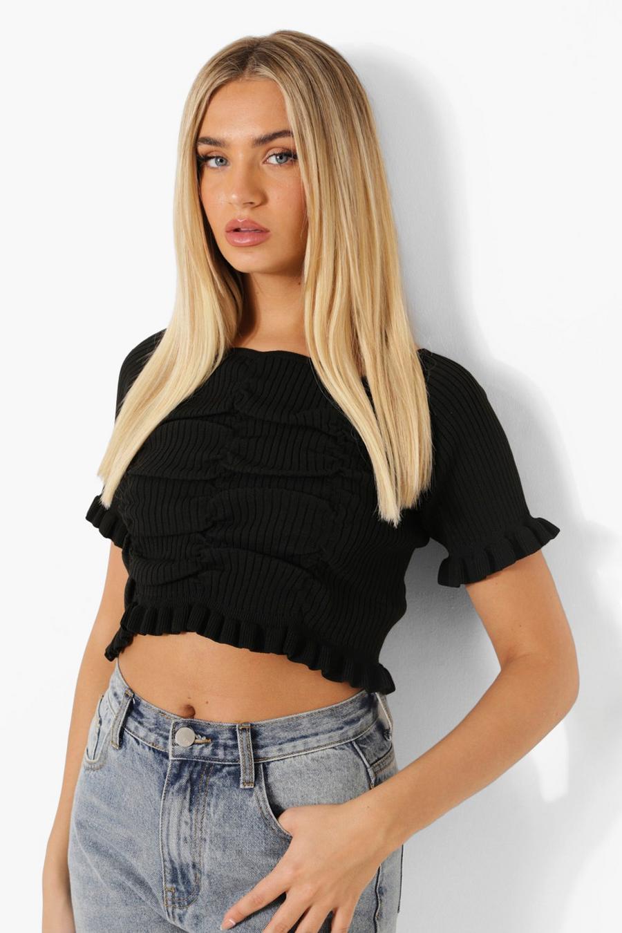 Black Ruched Rib Knit Crop Top image number 1