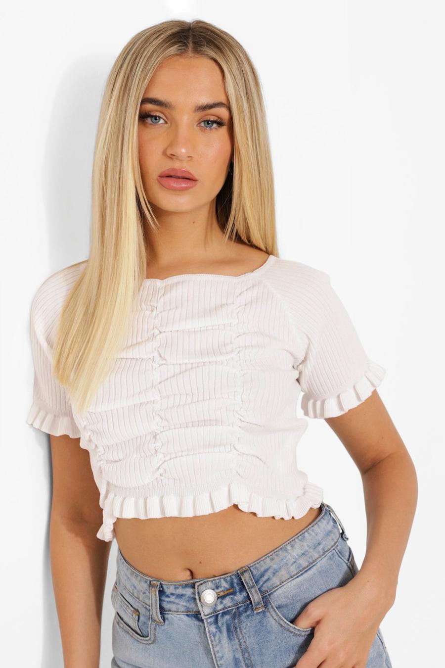 Ivory white Ruched Rib Knit Crop Top image number 1