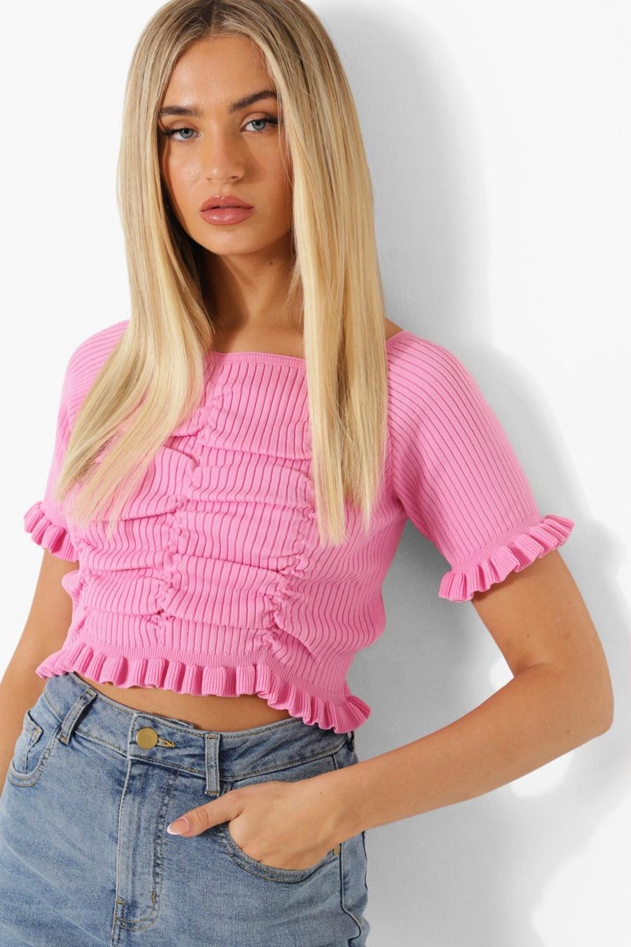 Pink Ruched Rib Knit Crop Top image number 1