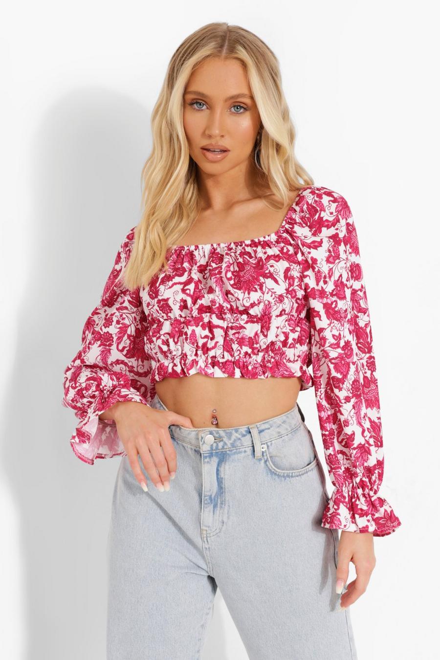 White Floral Shirred Ruffle Crop Top image number 1