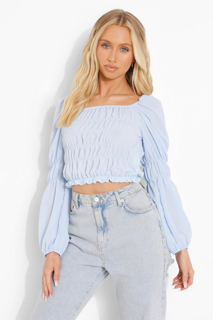 Light blue Ruched Balloon Sleeve Top image number 1