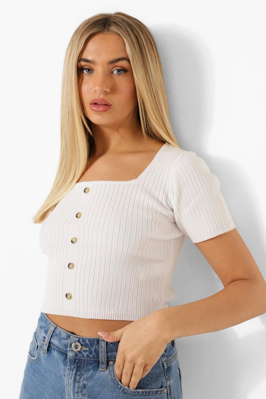 Ivory Button Through Rib Knit Top image number 1