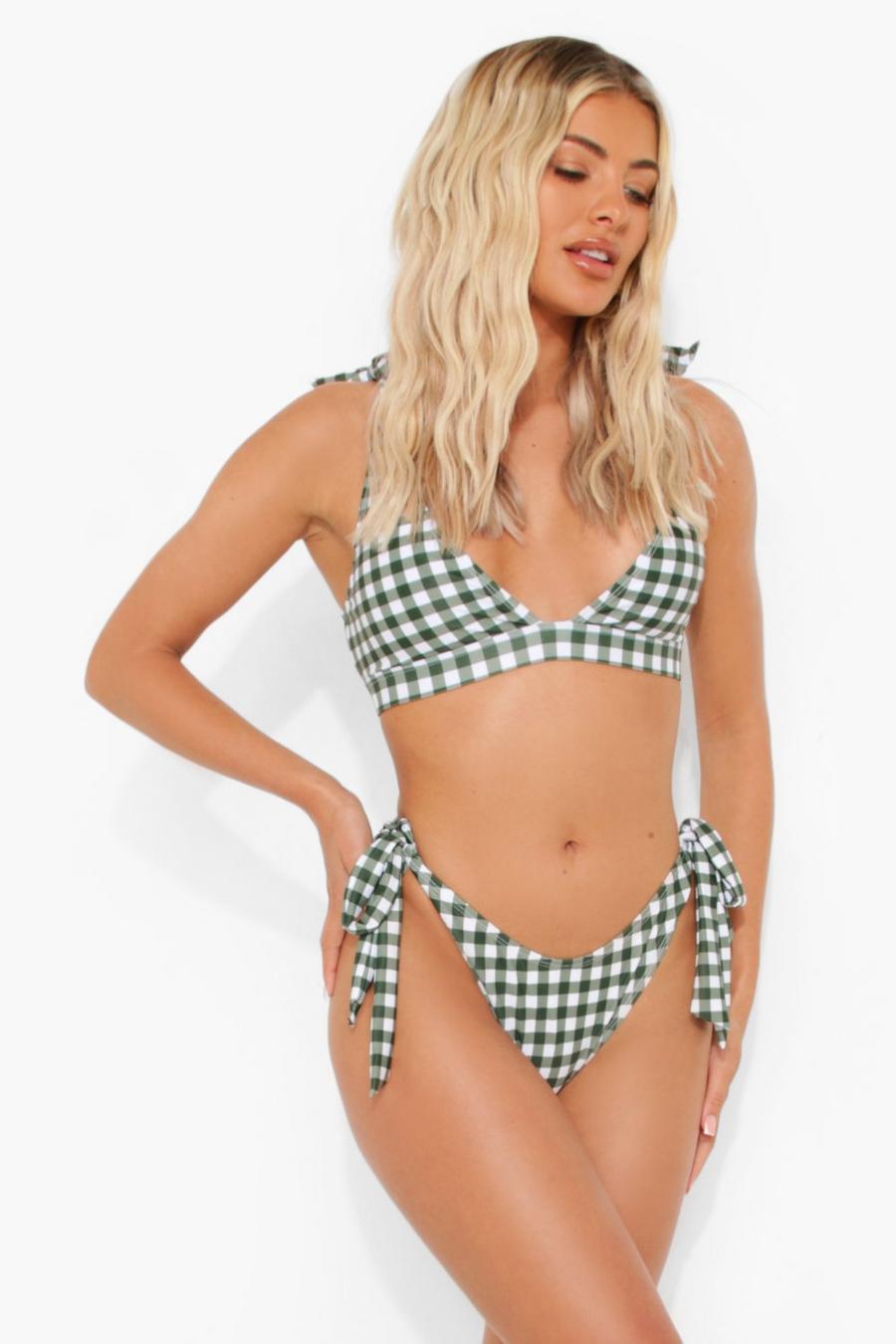 Green Rutig bikinitrosa med knytdetaljer image number 1