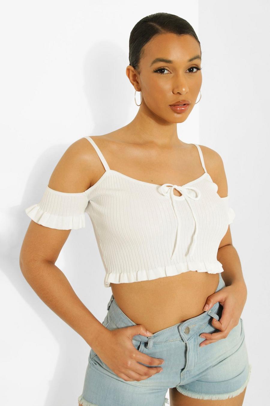 Ivory weiß Lace Up Frill Hem Rib Knit Top image number 1