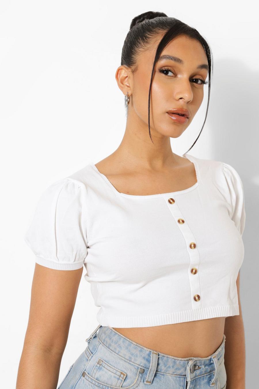 Ivory Puff Sleeve Rib Knit Crop Top image number 1