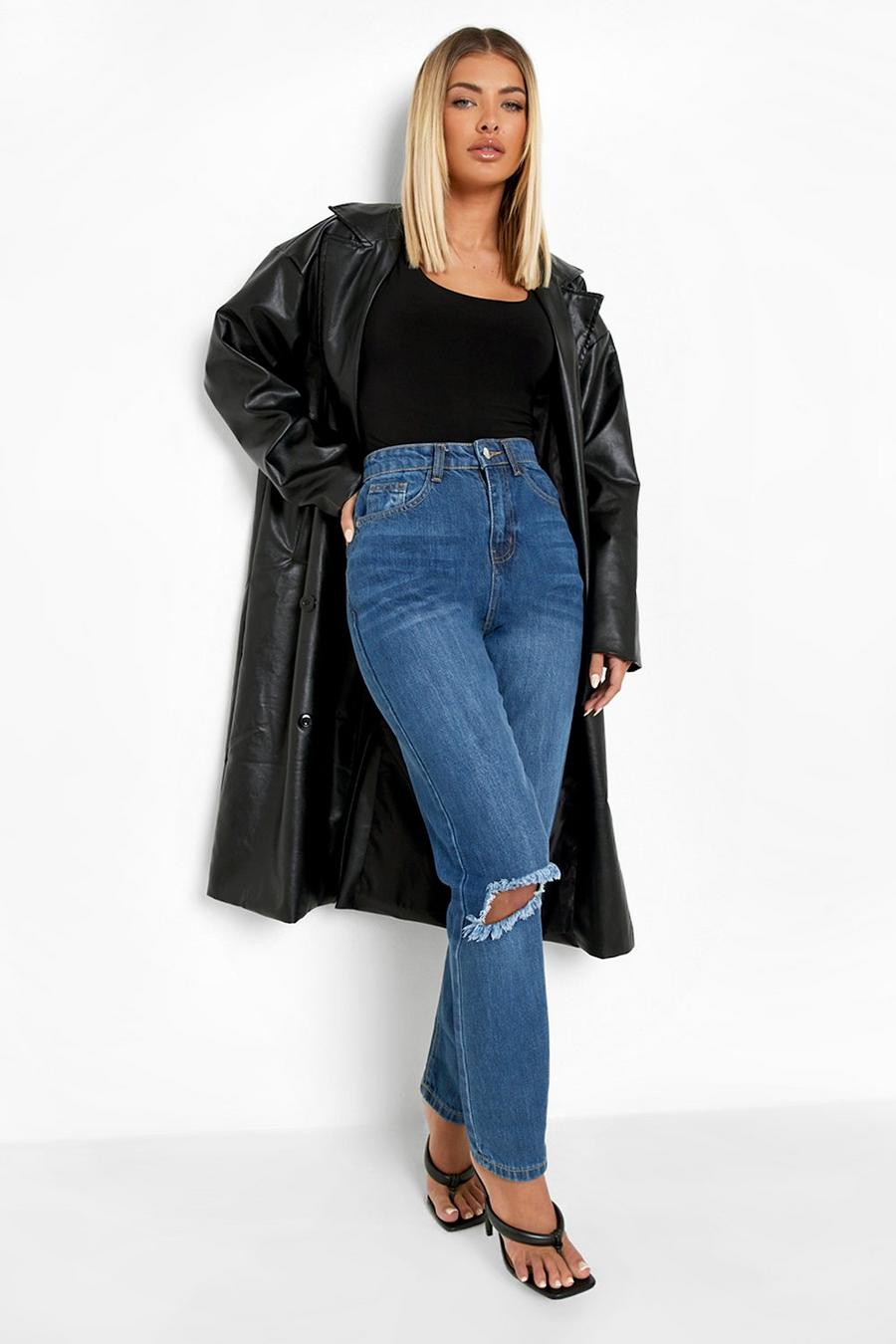 Mid blue blå High Rise Straight Leg Jeans With Busted Knee