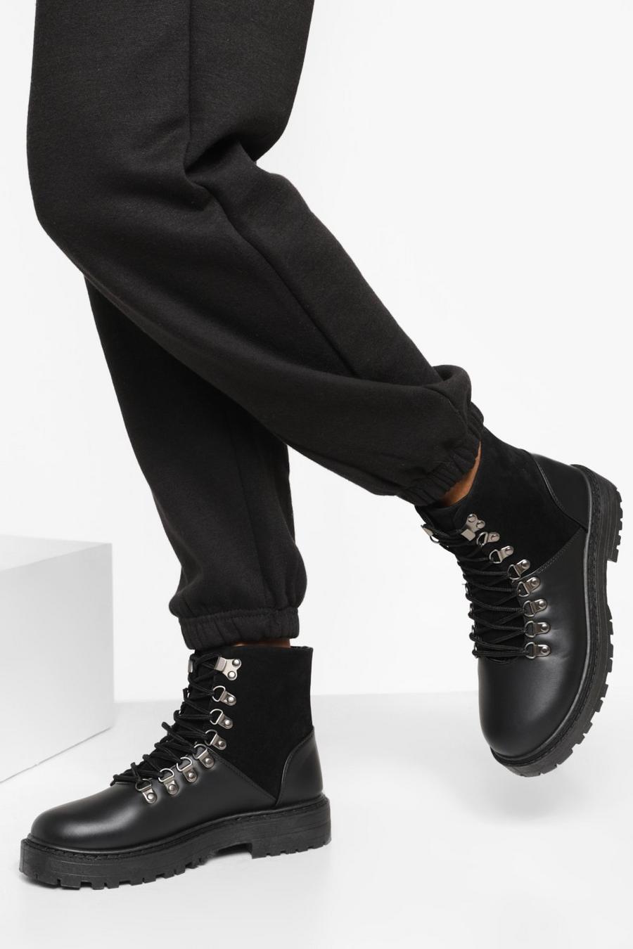 Black Wide Width Chunky Lace Up Combat Boots image number 1