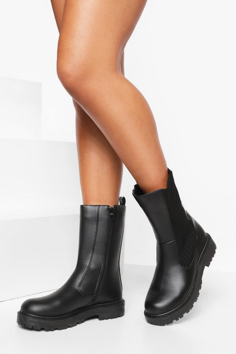 Black Wide Width Calf High Chelsea Boots image number 1