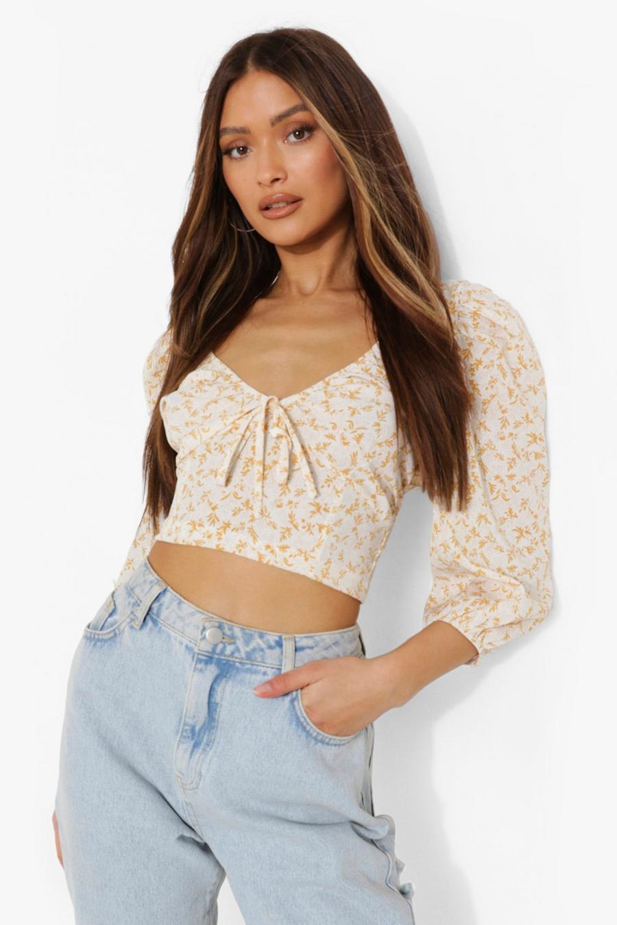 Yellow Floral Tie Detail Long Sleeve Top image number 1