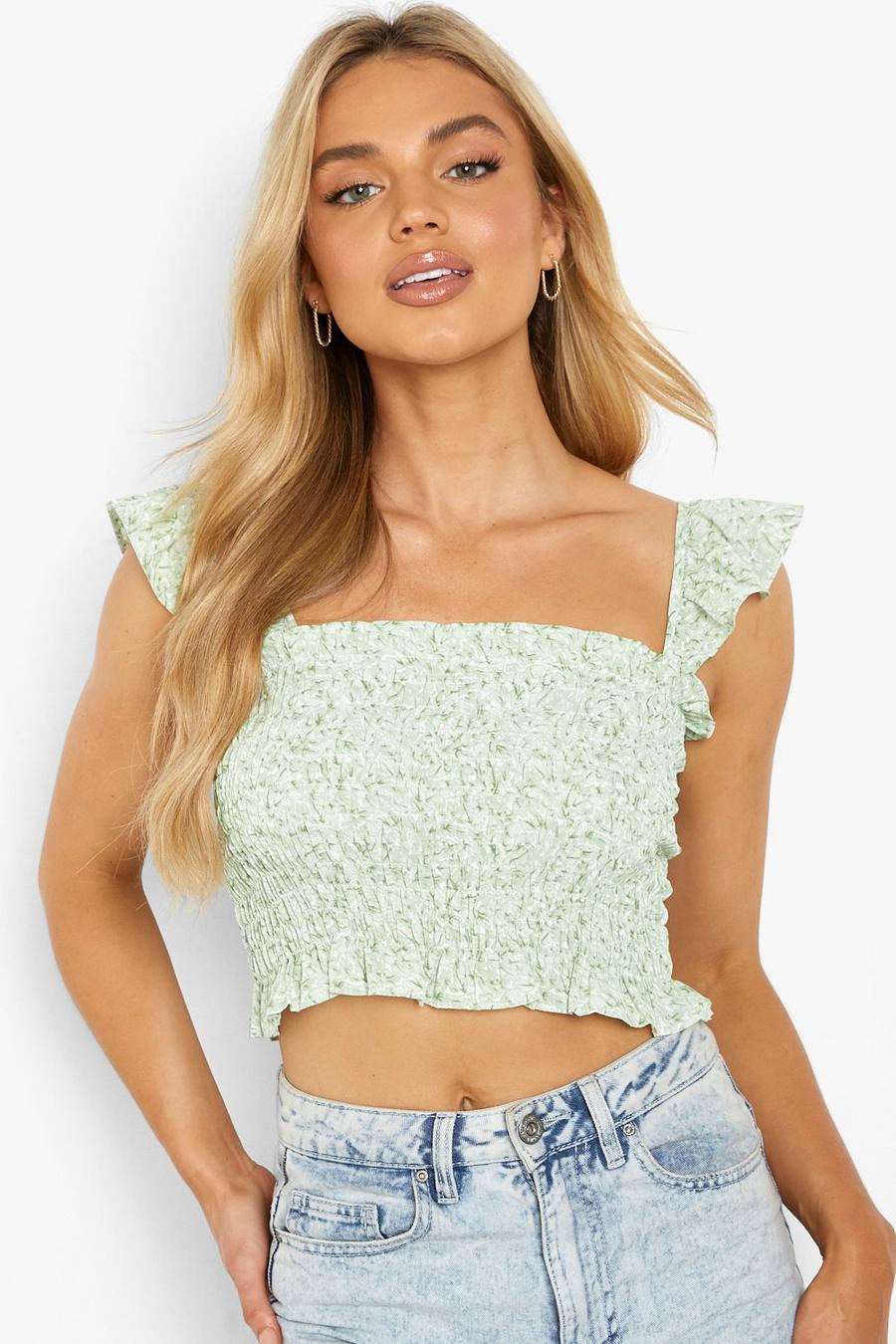 Green Floral Shirred Ruffle Top image number 1