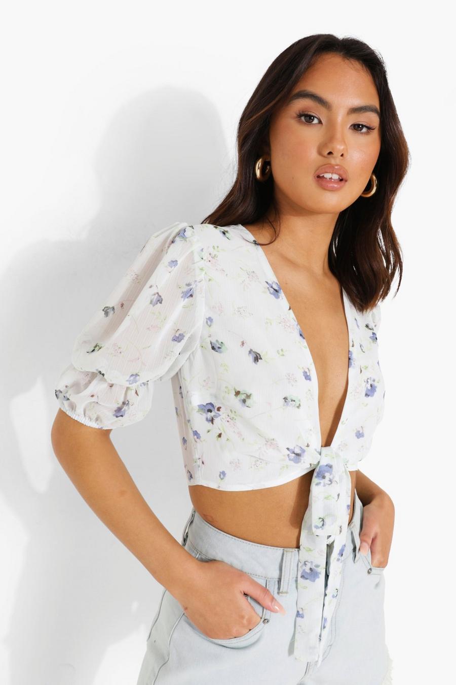 Blue Floral Woven Tie Up Blouse image number 1
