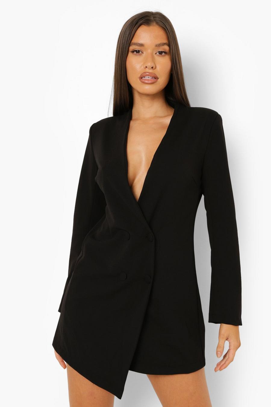 Black Collarless Double Breasted Blazer Dress image number 1