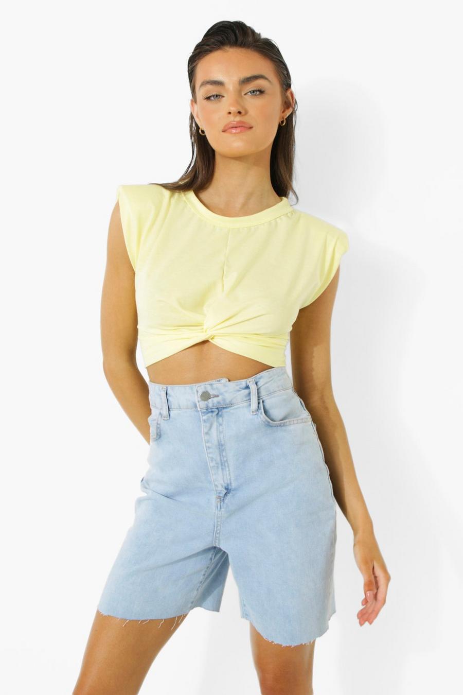 Yellow Twist Front Crop T Shirt image number 1