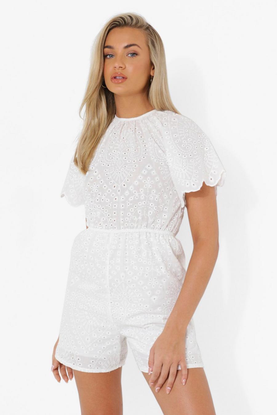 White Broderie Lace Open Back Playsuit image number 1