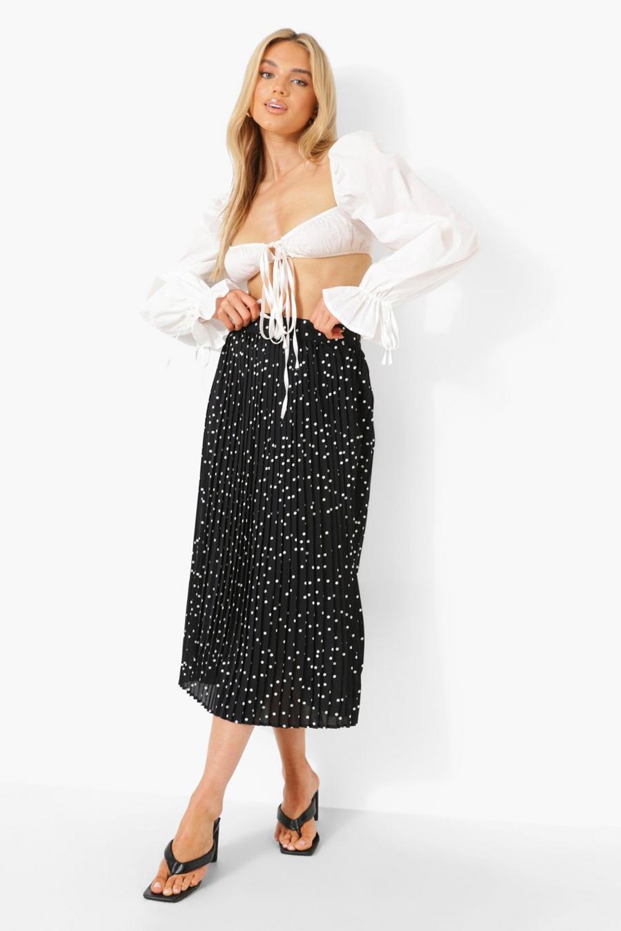 Black Woven Polka Dot Pleated Midi Skirt image number 1
