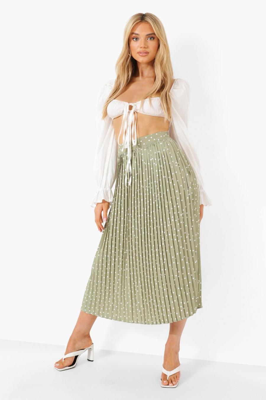 Sage Woven Polka Dot Pleated Midi Skirt image number 1