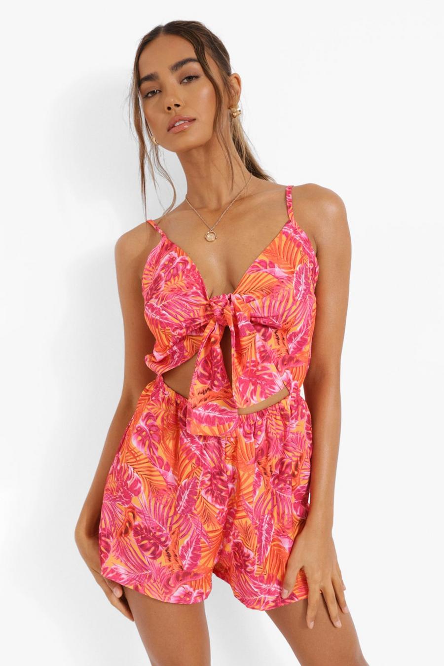 Hot pink Linen Look Palm Print Tie Front Playsuit image number 1