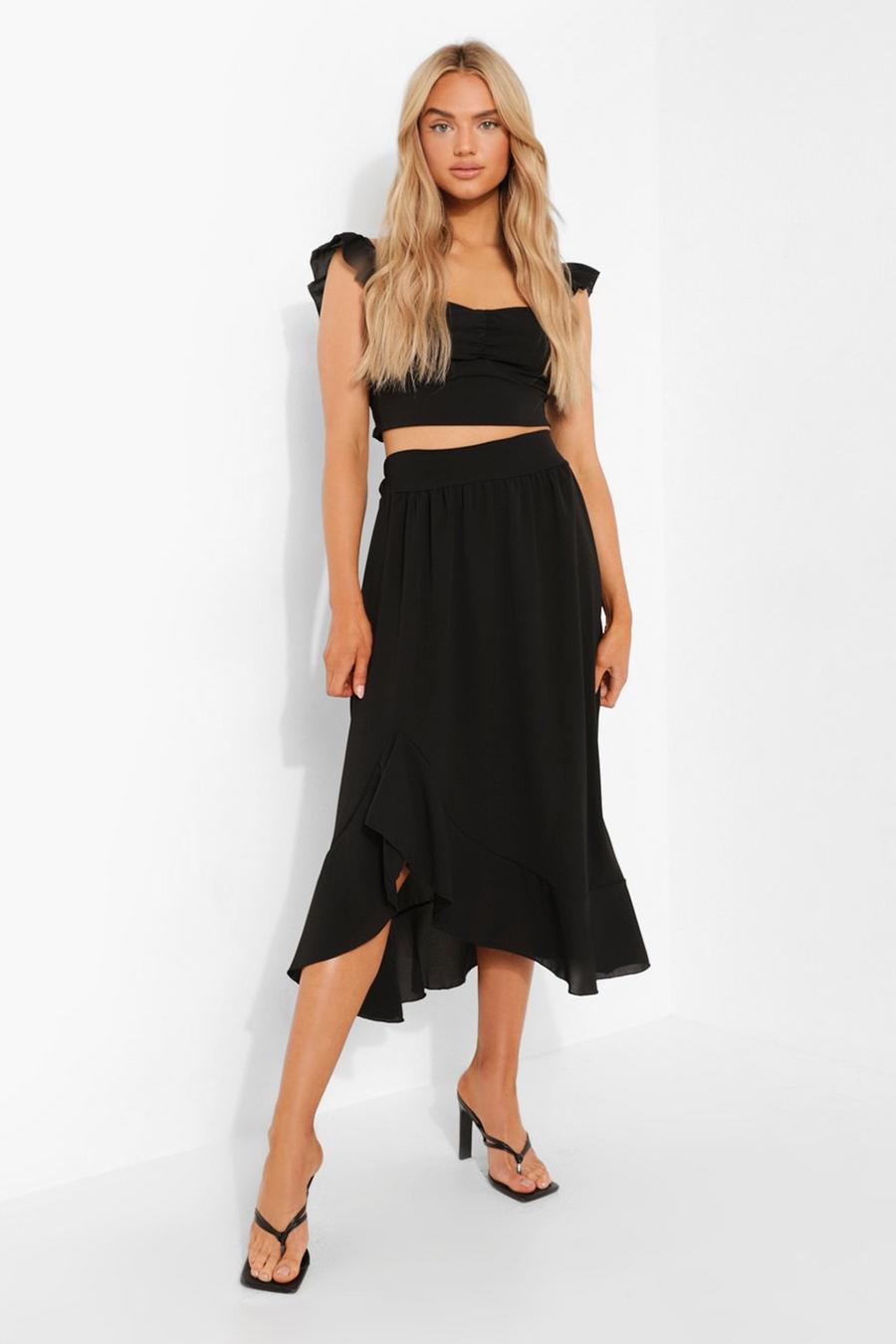 Black Frill Shoulder Top & Ruffle Midi Skirt image number 1