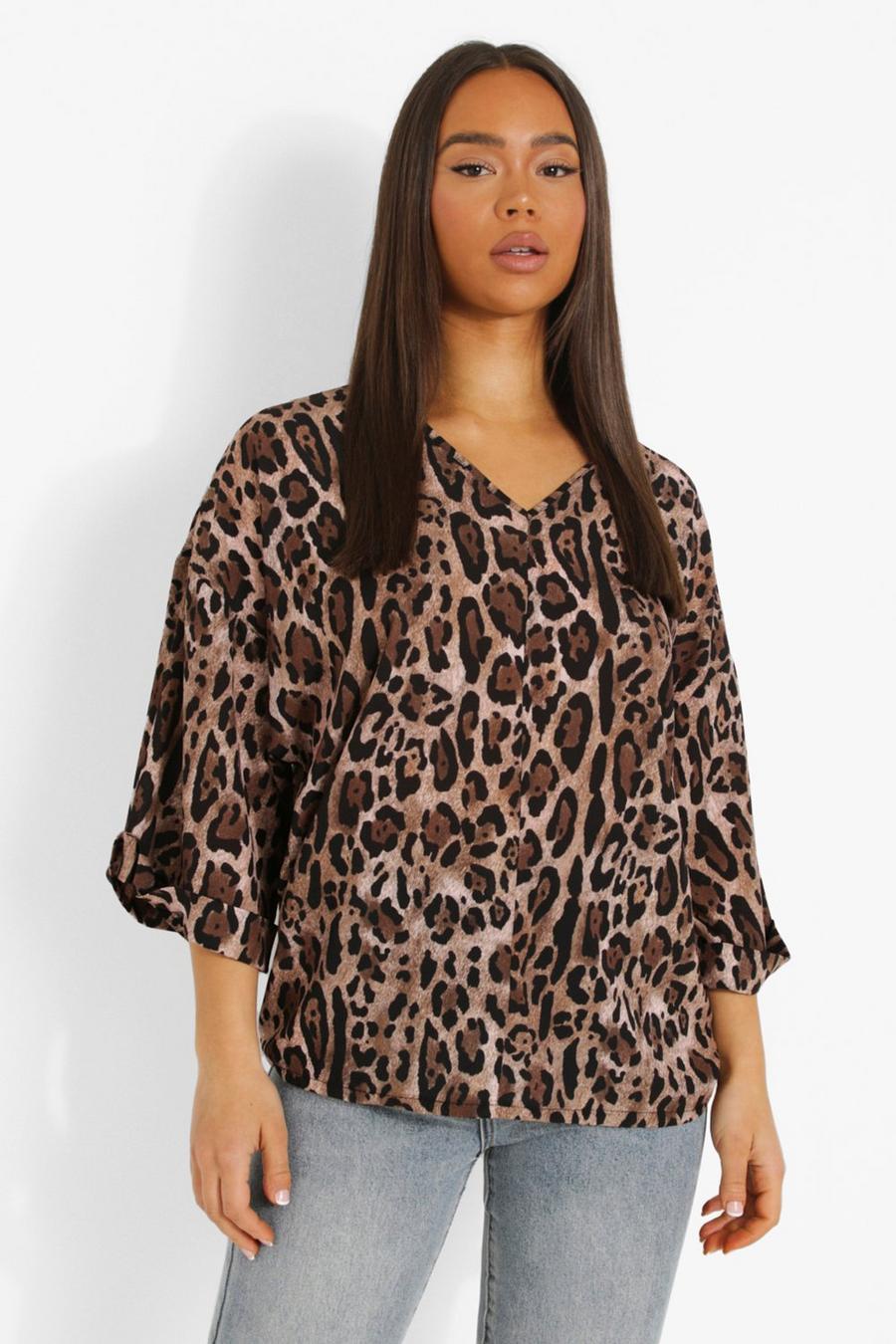 Brown Leopard Oversized Roll Sleeve Blouse image number 1