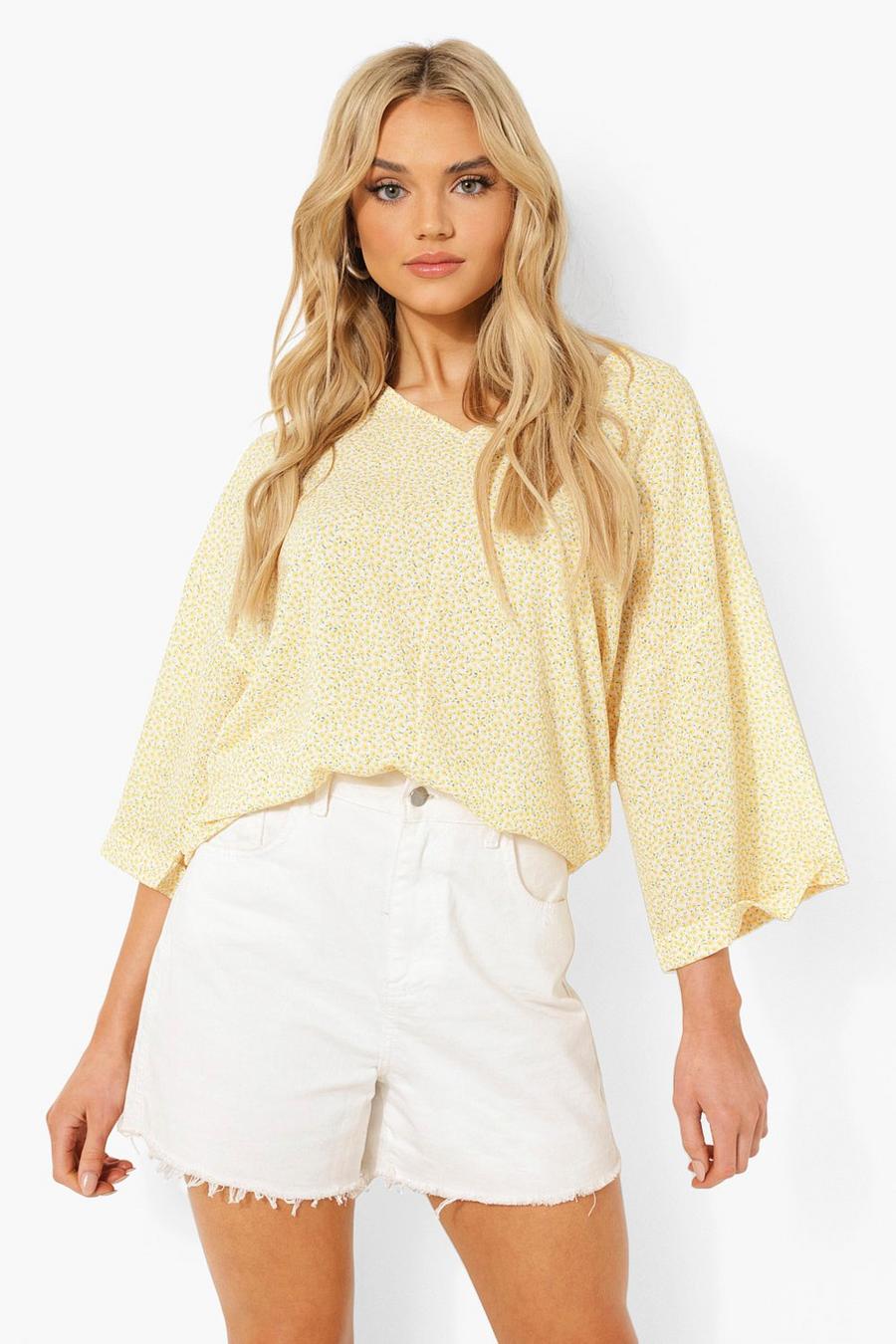 Cream Ditsy Floral Oversized Roll Sleeve Blouse image number 1