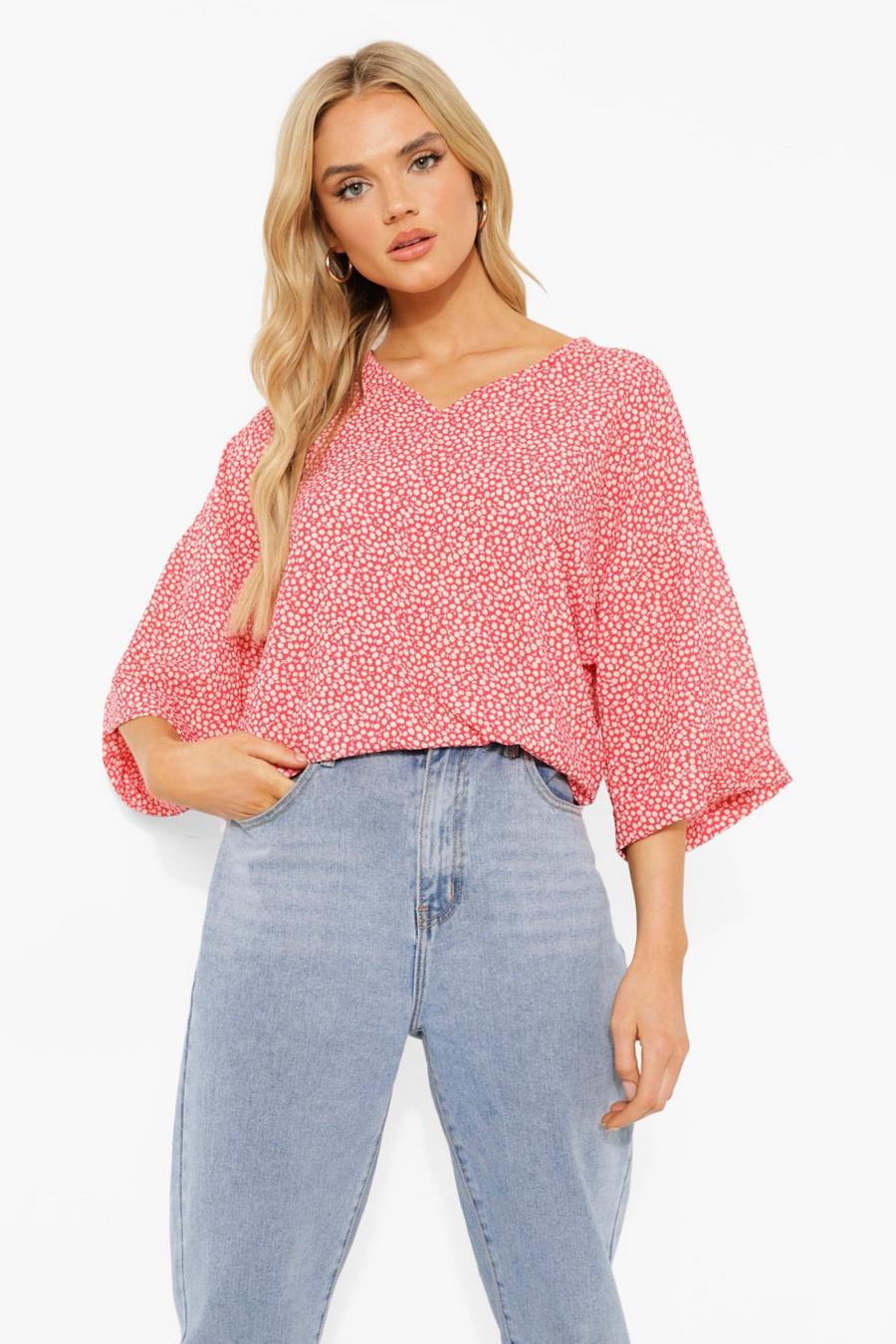 Red Ditsy Floral Oversized Roll Sleeve Blouse image number 1