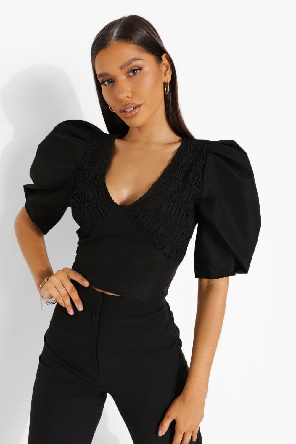 Black Woven Puff Sleeve Blouse