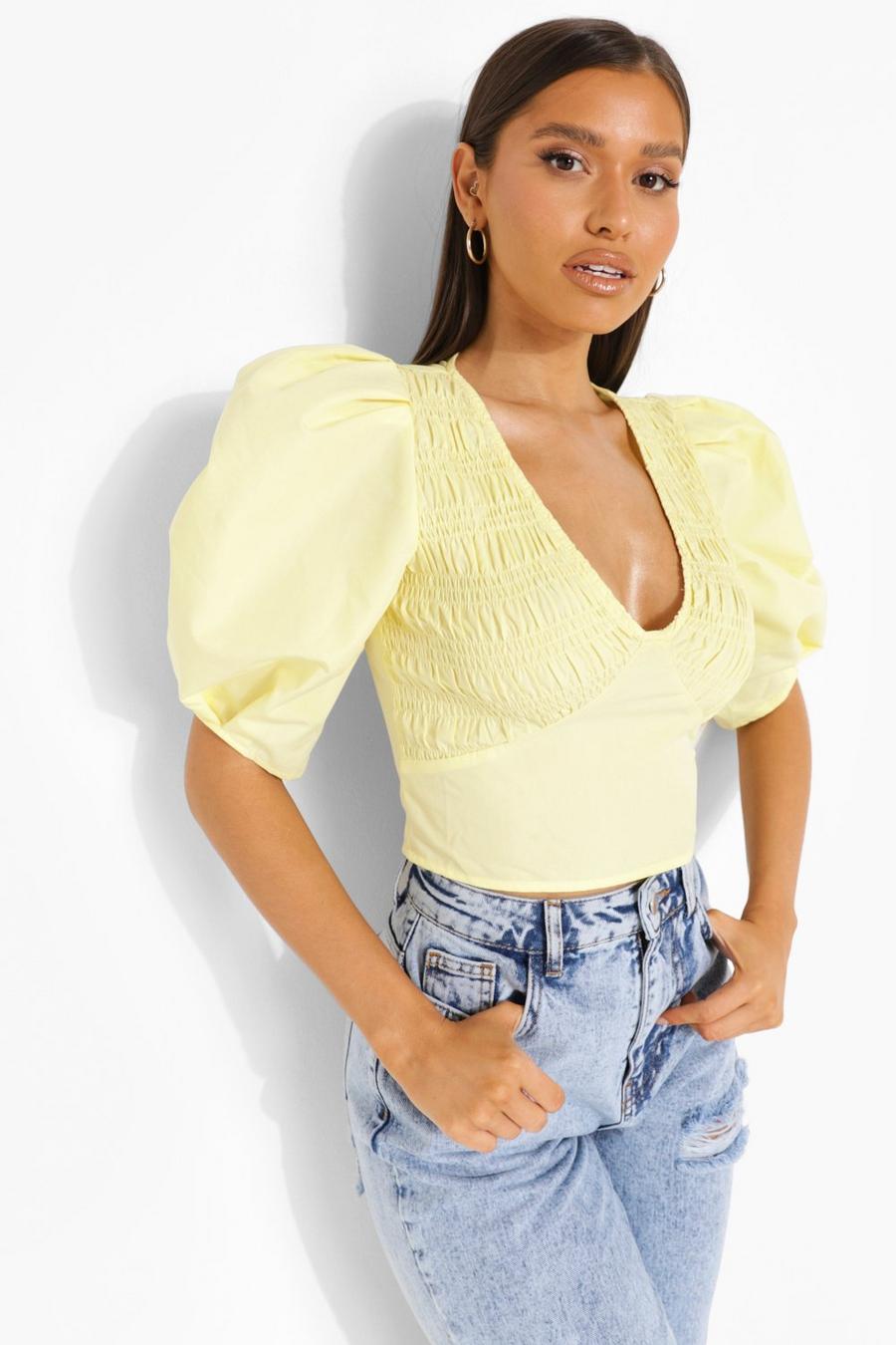 Yellow Woven Puff Sleeve Blouse image number 1