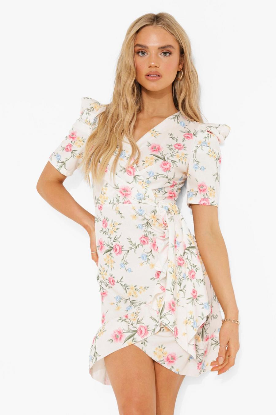 White Floral Wrap Ruffle Tea Dress image number 1