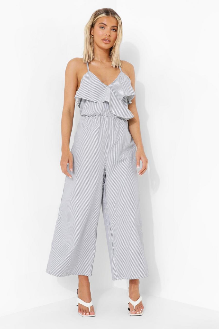 Black Striped Ruffle Culotte Jumpsuit image number 1