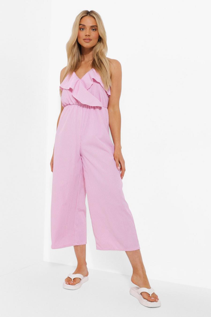 Pink Gestreepte Cullotte Jumpsuit Met Ruches image number 1