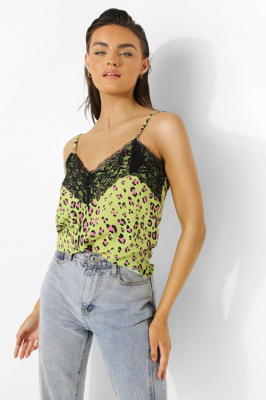 Green Animal Print Lace Trim Camisole image number 1